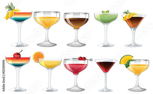 Vector illustrations of various colorful cocktails