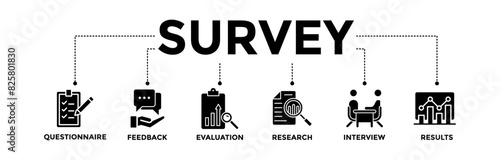 Survey banner icons set. Vector graphic glyph style with icon of questionnaire, feedback, evaluation, research, interview, and results	