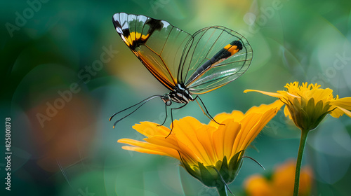Beautiful Glasswing Butterfly on a yellow flower, generative Ai photo