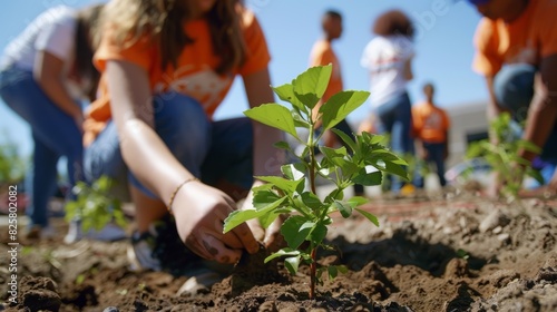 A group of students from a nearby school are seen planting trees around a construction site helping to beautify the area. photo