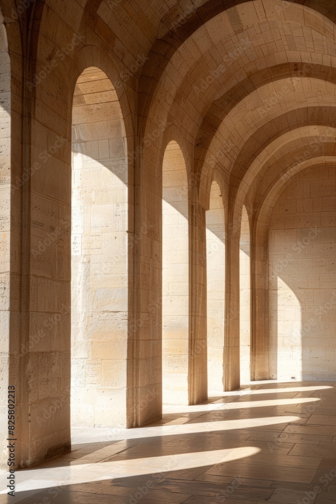 A series of elegant stone archways in a minimalist architectural setting, creating a sense of depth and symmetry
