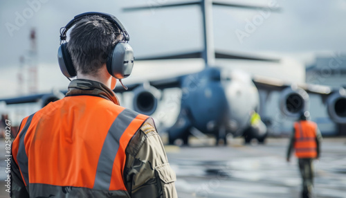 Service personnel in orange waistcoat and headphones at the airfield in the background of the aircraft 