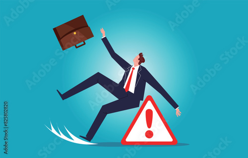 Career mistakes or setbacks, crises and risks in business investments or operations, businessmen falling at warning signs
