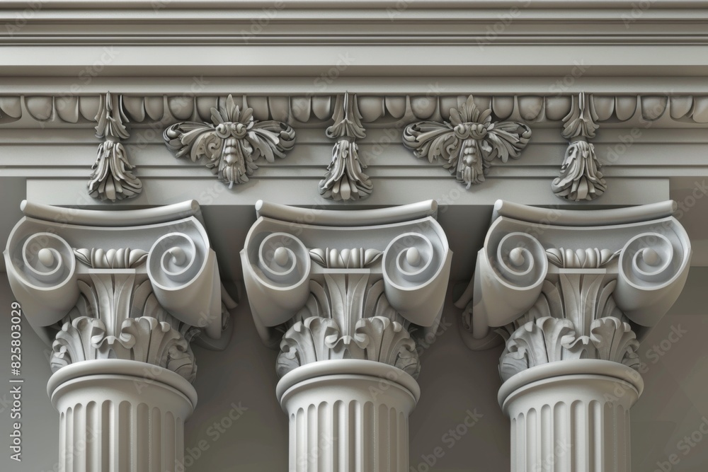 Obraz premium Expansive chamber with three classical white pillars, adding an aura of sophistication to the grand space. Architectural elegance concept