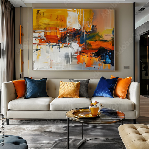 A sofa for 4 people inside the interior and a warm wall art