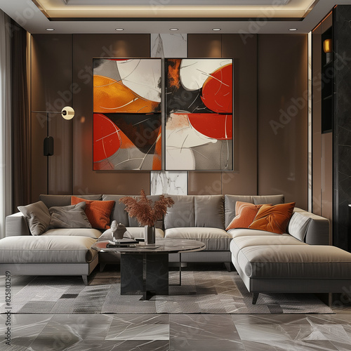 A sofa for 4 people inside the interior and a warm wall art