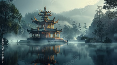 An ancient pagoda with ornate, curved roofs stands in the middle of a tranquil lake
 photo