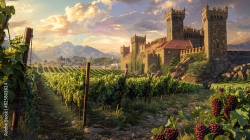 Medieval Castle Overlooking Vineyards with Ripe Grape Bunches. The medieval castle overlooking the vineyards exudes a sense of grandeur and history. digital ai art photo