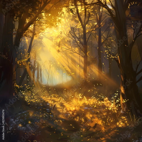 A serene forest glade illuminated by shafts of golden sunlight  Graphic background for decorating works  mobile screens  or as a background image.