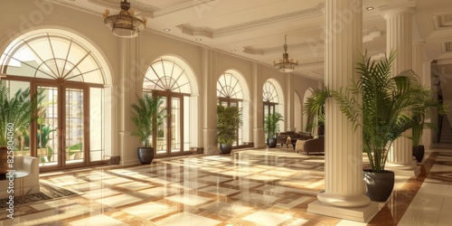 A large  open lobby with a lot of plants and a few potted plants