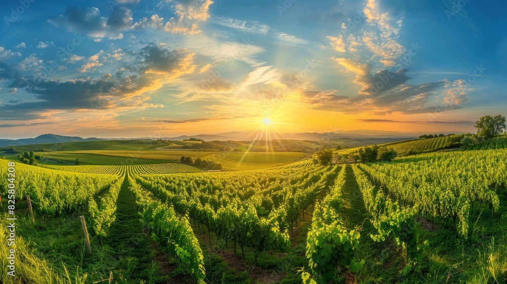Fototapeta premium panoramic view of a summer vineyard at sunset. green vineyard rows at sunset