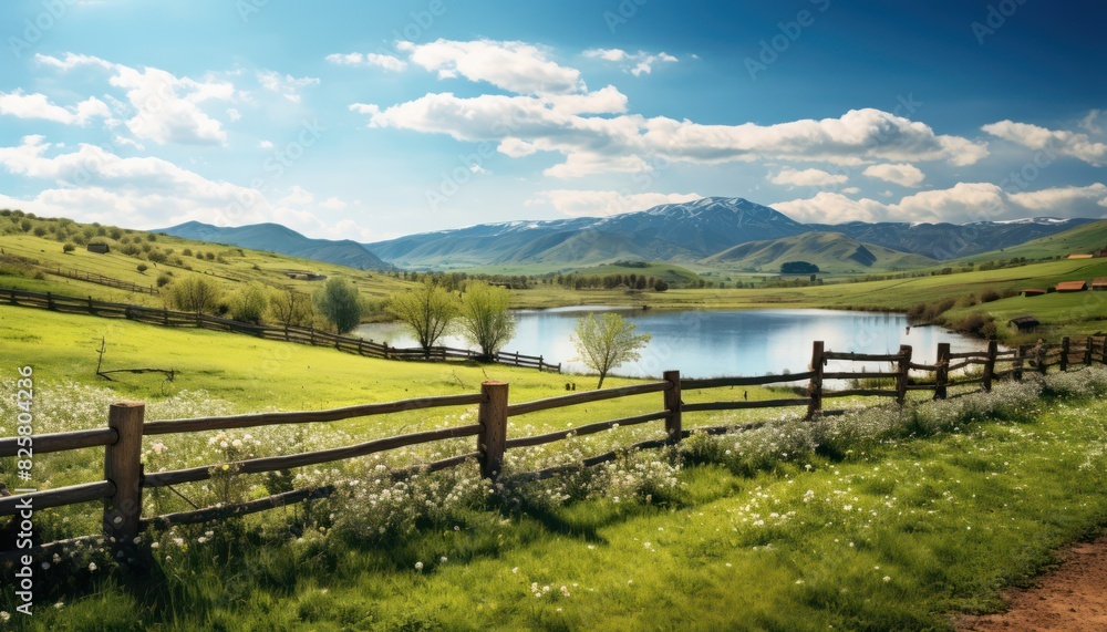 A stunning spring day landscaping views of fertile land surrounded beautiful green vegetation, wide stretches of hills and mountains with clear skies in spring