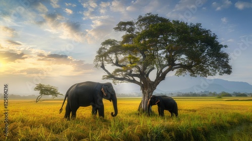 Two elephants with mats near a tree in a rice field at sunrise  human-animal relationship concept