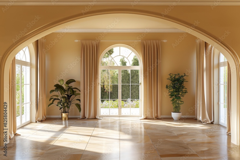 A large, open room with a tan color scheme and a large archway