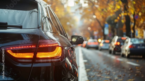 "Rear view of black Business car on the street in autumn day. .Rear side of modern car with traffic on the road."