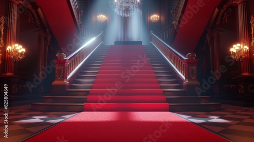 Red carpet with spotlight and flash. Red carpet and ceremonial VIP staircase, close up. VIP luxury entrance with red carpet. interior of the palace. digital ai