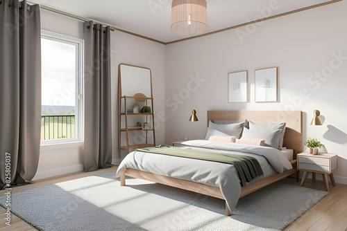 Cozy light home interior mock-up in pastel colors  3d render
