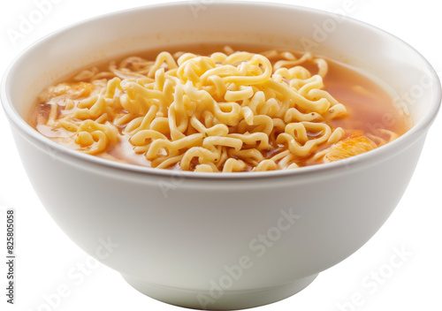 Steaming hot bowl of instant ramen noodles isolated on transparent background.