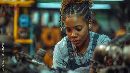 Concentrated African American female mechanic examining motorcycle parts in a busy workshop