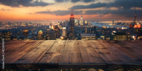 City skyline view with wooden table foreground photo