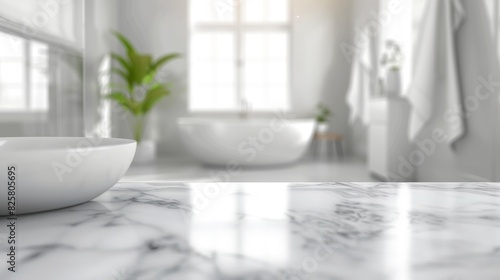 White bathroom interior. Empty marble table top for product display with blurred bathroom interior background. digital  ai art