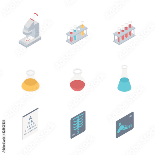 Isometric chemical laboratory tools set. Set of various test tubes, flask, jars and bottles, dropper, microscope and other. Medical x-ray image. Isolated on white background.