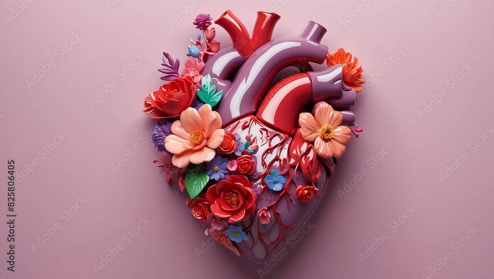 A stylized anatomical heart made of glossy material, adorned with various vibrant flowers in shades of red, pink, and peach, set against a solid mauve background A stylized anatomical heart made of glossy material, adorned with various vibrant flowers in shades of red, pink, and peach, set against a solid mauve background