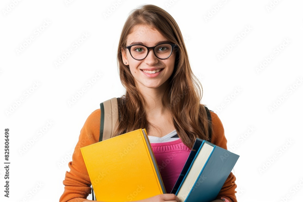 A young woman wearing glasses and an orange sweater smiles while holding textbooks, representing education and knowledge A young woman wearing glasses and an orange sweater smiles while holding textbooks, representing education and knowledge
