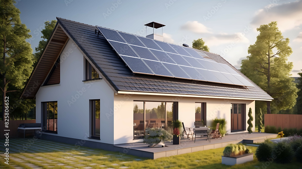 Modern eco-friendly passive house with solar panels on the roof. Generative AI