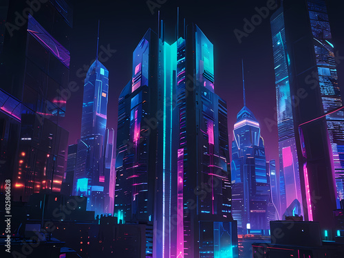 digital cityscape with holographic billboards and neon lights reflecting off glass skyscrapers
