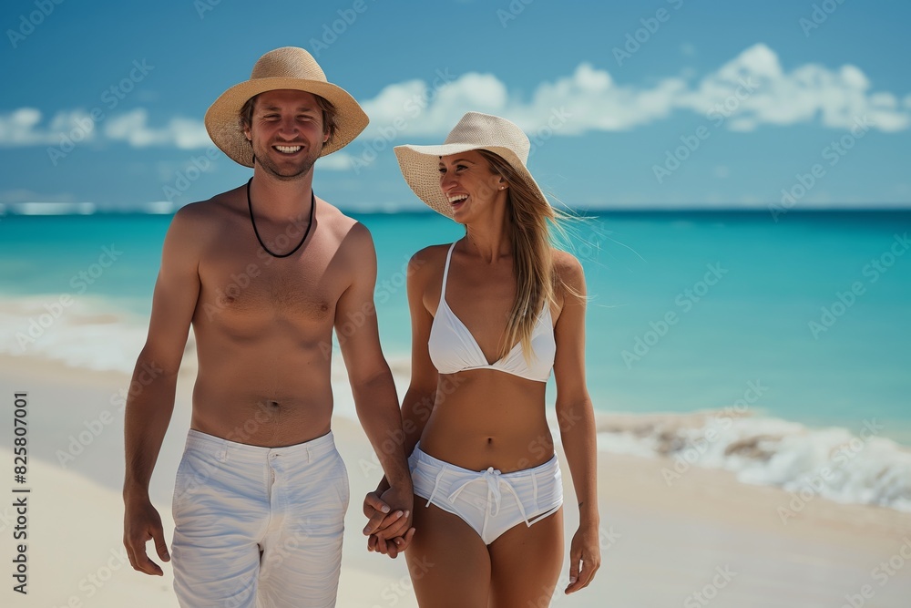 A happy couple is enjoying a sunny beach vacation during summer, holding hands and smiling. The scene includes clear skies, turquoise water, and sandy shores, perfect for relaxation and leisure