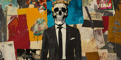 Wallpaper Mural Surreal Skeleton in Suit and Crown Amid Collage of Vibrant Art Torontodigital.ca