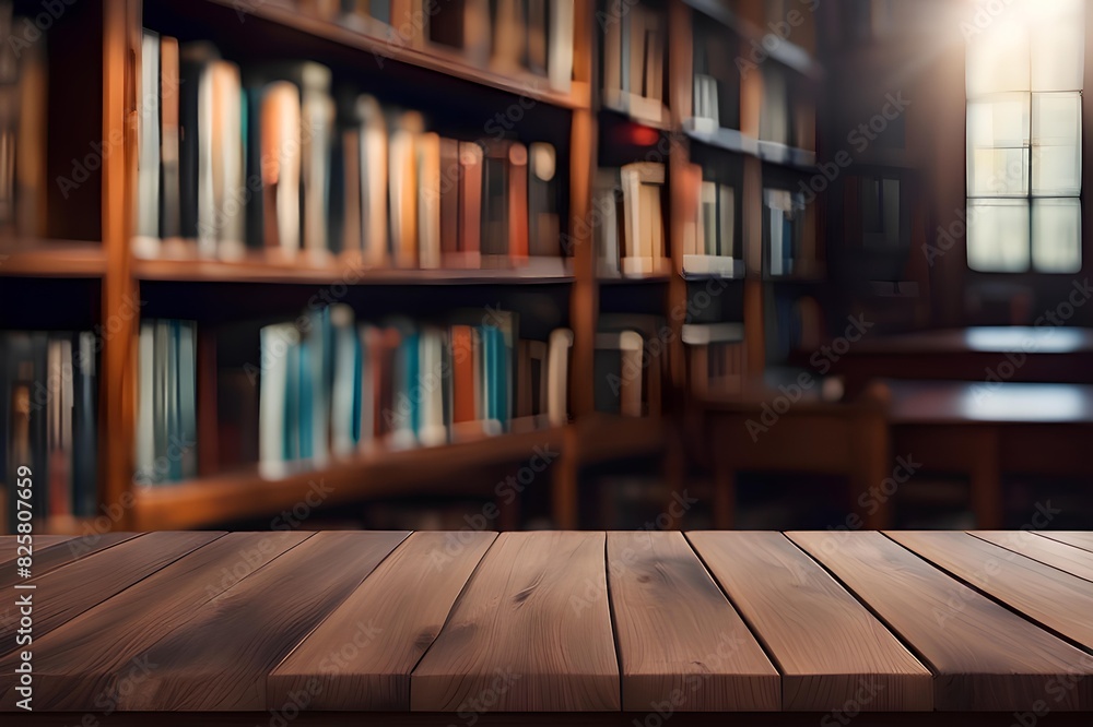 Wooden table is against on library blurry background Wooden table is against on library blurry background