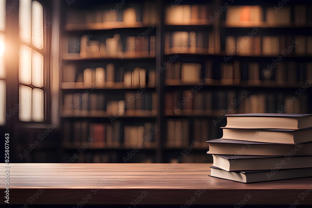 Wooden table is against on library blurry background Wooden table is against on library blurry background