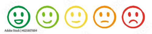Emoji face icons design set. Hand drawn good and bad mood expression symbol. Business quality rating survey.