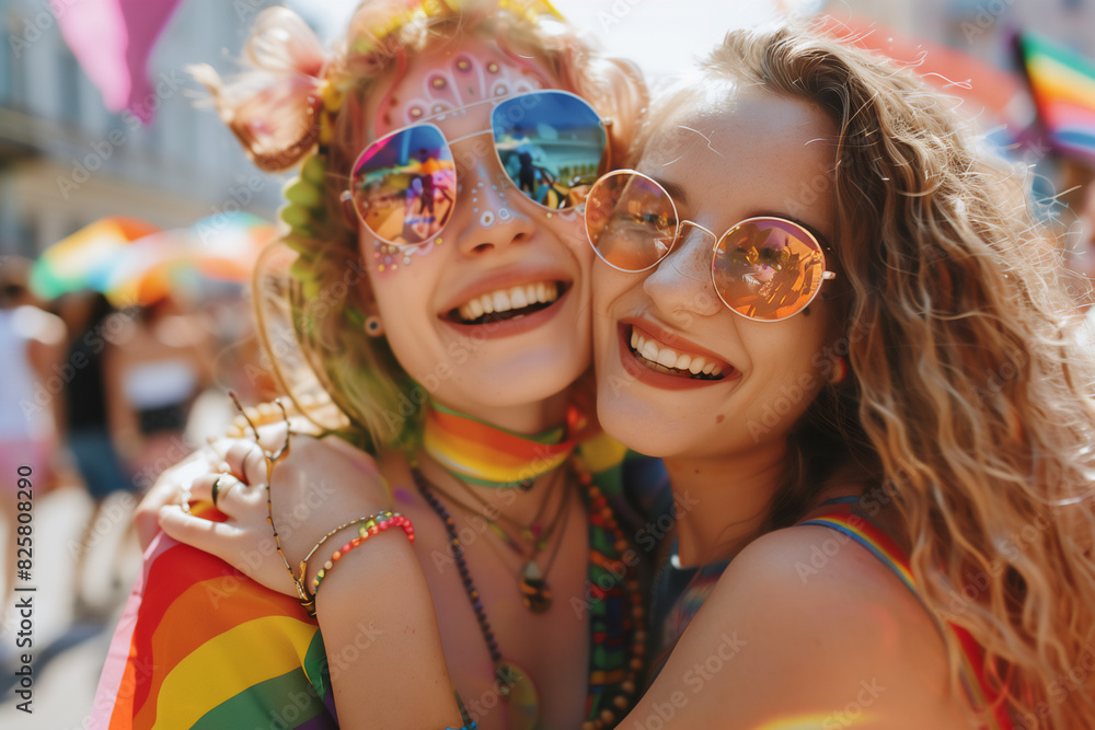 Portrait of two lesbian girls hugging and celebrating on pride parade Portrait of two lesbian girls hugging and celebrating on pride parade