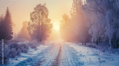 Picturesque scenic road with frozen trees in winter forest at foggy dawn, beautiful snowy landscape © vetrana