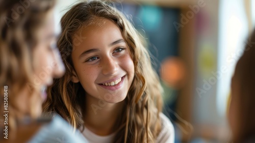 Smiling schoolchild looking at classmate while talking