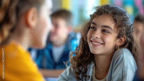 Smiling schoolchild looking at classmate while talking photo