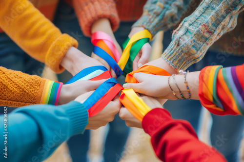 hand of LGBT women holding together with rainbow ribbon