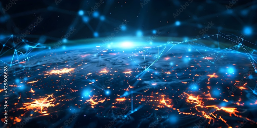 Global Network: Connecting Earth with G, Blockchain, IoT, Finance, and Satellites. Concept Global Network, Earth Connectivity, Blockchain Technology, Internet of Things, Financial Integration