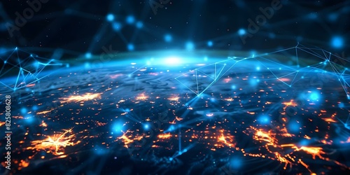 Global Network  Connecting Earth with G  Blockchain  IoT  Finance  and Satellites. Concept Global Network  Earth Connectivity  Blockchain Technology  Internet of Things  Financial Integration
