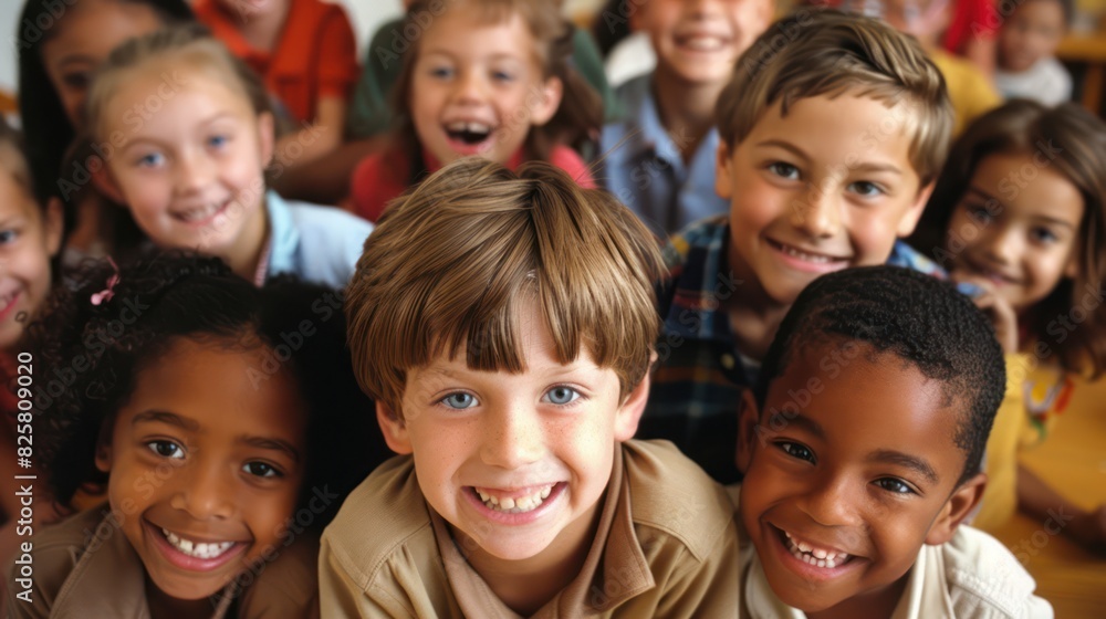 Fototapeta premium Elementary school boy smiles in class while hanging out with friends