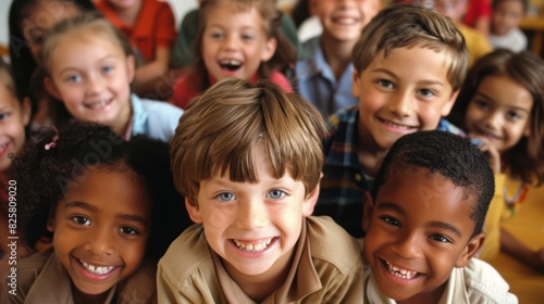 Elementary school boy smiles in class while hanging out with friends