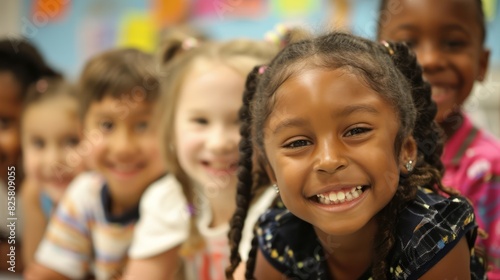 Elementary school boy smiles in class while hanging out with friends