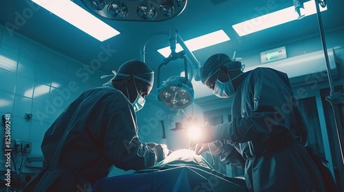 A team of surgical doctors performs cosmetic surgery on the nose in a hospital operating room.