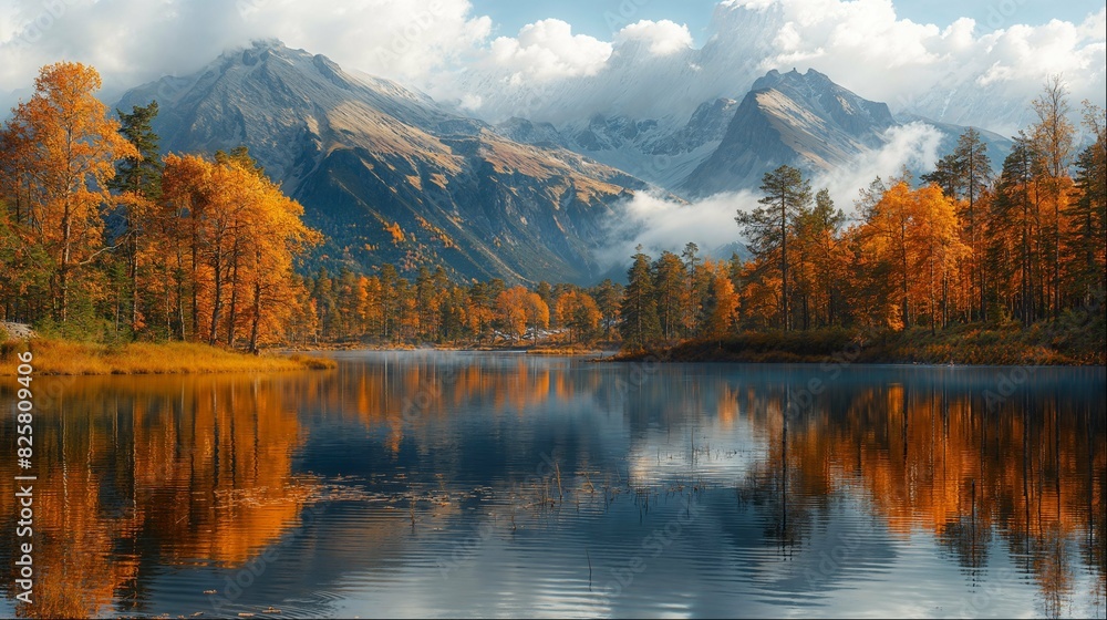 Fototapeta premium Reflective lake amidst autumn mountains