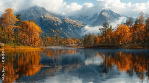Reflective lake amidst autumn mountains