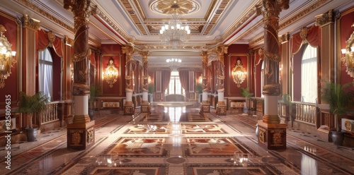Grand interior space adorned with lavish gold ceiling and elegant trim. Opulent design concept photo