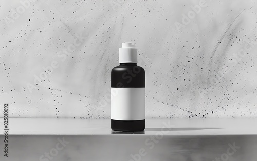 Black bottle with white label on a white surface against a concrete background.